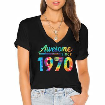 52Nd Birthday 52 Years Old Tie Dye Bday Awesome 1970 Women's Jersey Short Sleeve Deep V-Neck Tshirt - Seseable