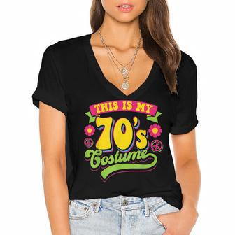 70S Costume Seventies Halloween Retro Peace Sign Flower Women's Jersey Short Sleeve Deep V-Neck Tshirt - Seseable