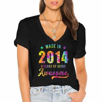 8 Years Old 8Th Birthday 2014 Tie Dye Awesome Women's Jersey Short Sleeve Deep V-Neck Tshirt | Mazezy