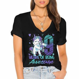 9Th Birthday 9 Year Old Girl Flossing Unicorn Party Women's Jersey Short Sleeve Deep V-Neck Tshirt - Seseable