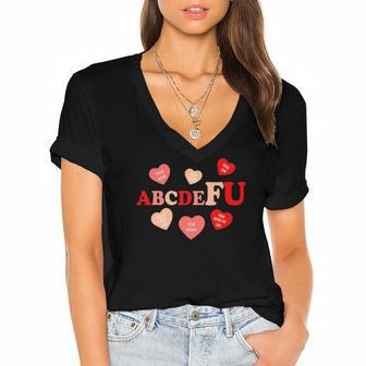 AbcDeFu Valentines Retro Funny Hearts Valentine Candy Women's Jersey Short Sleeve Deep V-Neck Tshirt | Mazezy