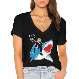 Abraham Lincoln Riding A Shark 4Th Of July Women's Jersey Short Sleeve Deep V-Neck Tshirt | Mazezy