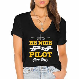 Airplane Pilot Aviator Airman Flying Fly Airwoman Aircraft Women's Jersey Short Sleeve Deep V-Neck Tshirt | Mazezy