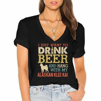 Alaskan Klee Kai Dad Drink Beer Hang With Dog Funny Vintage Women's Jersey Short Sleeve Deep V-Neck Tshirt | Mazezy