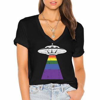 Alien Abduction Gay Pride Lgbtq Gaylien Ufo Proud Ally Women's Jersey Short Sleeve Deep V-Neck Tshirt | Mazezy