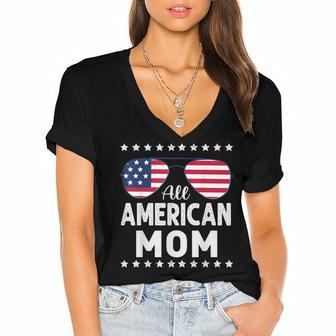 All American Mom 4Th Of July Apparel Sunglasses Flag Women's Jersey Short Sleeve Deep V-Neck Tshirt - Seseable