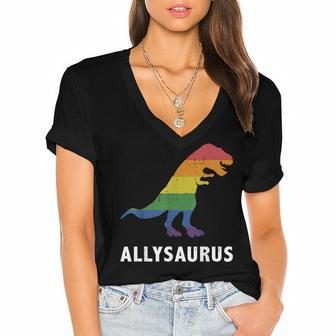 Allysaurus Dinosaur In Rainbow Flag For Ally Lgbt Pride Women's Jersey Short Sleeve Deep V-Neck Tshirt | Mazezy