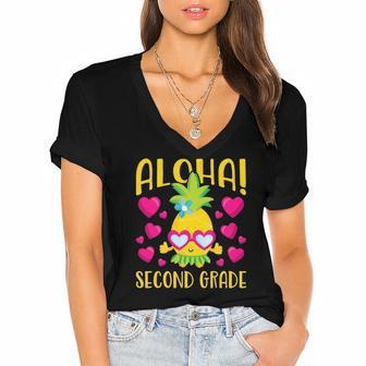 Aloha Second Grade Cute Pineapple Student Teacher Women's Jersey Short Sleeve Deep V-Neck Tshirt | Mazezy