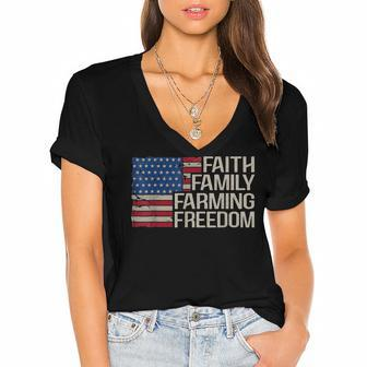American Flag 4Th Of July Faith Family Farming Freedom Women's Jersey Short Sleeve Deep V-Neck Tshirt - Seseable