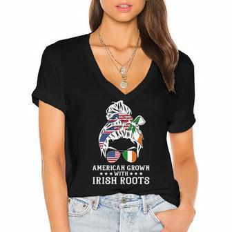 American Grown Irish Roots Messy Bun Hair St Patricks Day Women's Jersey Short Sleeve Deep V-Neck Tshirt | Mazezy