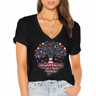 American Tree 4Th Of July Usa Flag Hearts Roots Patriotic Women's Jersey Short Sleeve Deep V-Neck Tshirt - Seseable