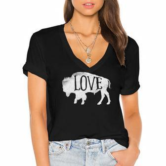 American Vintage Buffalo Silhouette Love Bison Tee Women's Jersey Short Sleeve Deep V-Neck Tshirt | Mazezy