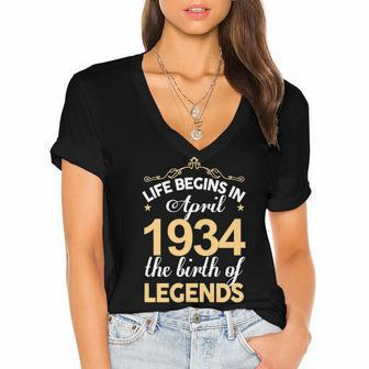 April 1934 Birthday Life Begins In April 1934 V2 Women's Jersey Short Sleeve Deep V-Neck Tshirt - Seseable
