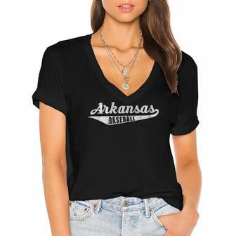 Arkansas Baseball Script Vintage Distressed Women's Jersey Short Sleeve Deep V-Neck Tshirt | Mazezy