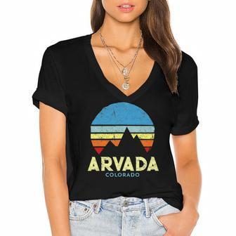 Arvada Colorado Mountains Vintage Retro Women's Jersey Short Sleeve Deep V-Neck Tshirt | Mazezy