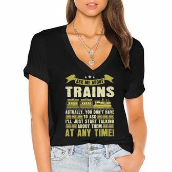 Ask Me About Trains Funny Train And Railroad Women's Jersey Short Sleeve Deep V-Neck Tshirt | Mazezy
