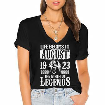 August 1923 Birthday Life Begins In August 1923 Women's Jersey Short Sleeve Deep V-Neck Tshirt - Seseable