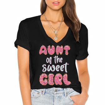 Aunt Of The Sweet Girl Donut Birthday Party Outfit Family Women's Jersey Short Sleeve Deep V-Neck Tshirt - Seseable