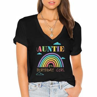 Auntie Of The Birthday Girl Rainbow Theme Matching Family  Women's Jersey Short Sleeve Deep V-Neck Tshirt