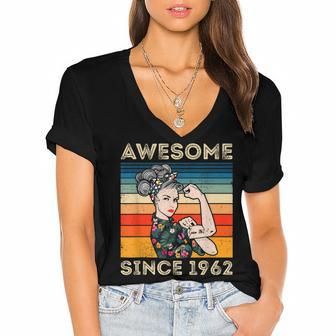 Awesome Since 1962 60Th Birthday Gifts 60 Years Old Vintage Women's Jersey Short Sleeve Deep V-Neck Tshirt - Seseable