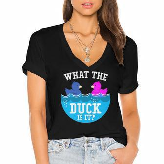 Baby Gender Reveal Party What The Duck Is It Baby Reveal Women's Jersey Short Sleeve Deep V-Neck Tshirt | Mazezy