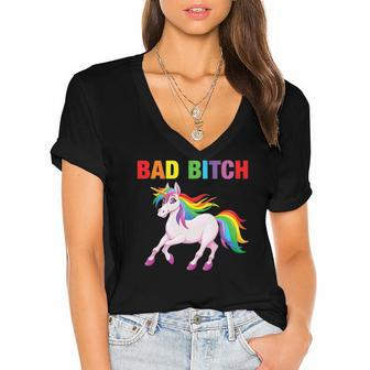 Bad Bitch Sarcastic Ironic Rainbow Unicorn Mean Attitude Women's Jersey Short Sleeve Deep V-Neck Tshirt | Mazezy
