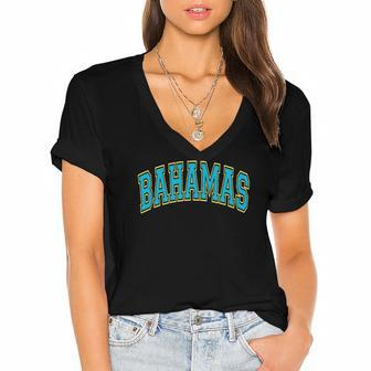 Bahamas Varsity Style Teal Text With Yellow Outline Women's Jersey Short Sleeve Deep V-Neck Tshirt | Mazezy