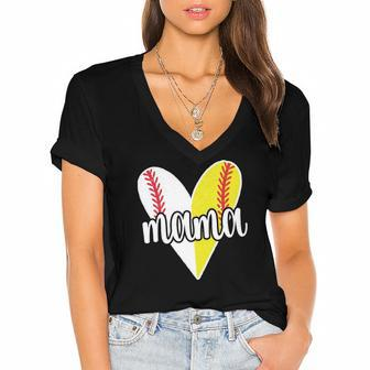 Baller Mama Proud Softball Baseball Player Ball Mom Women's Jersey Short Sleeve Deep V-Neck Tshirt | Mazezy