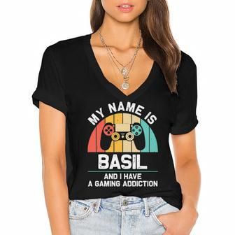 Basil Gift Name Personalized Funny Gaming Geek Birthday Women's Jersey Short Sleeve Deep V-Neck Tshirt | Mazezy