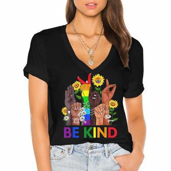 Be Kind Sign Language Hand Talking Lgbtq Flag Gay Pride Women's Jersey Short Sleeve Deep V-Neck Tshirt | Mazezy