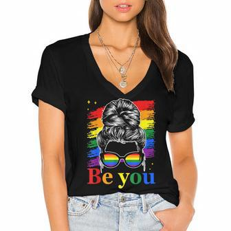 Be You Pride Lgbtq Gay Lgbt Ally Rainbow Flag Woman Face Women's Jersey Short Sleeve Deep V-Neck Tshirt | Mazezy