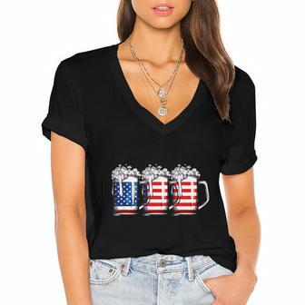 Beer American Flag 4Th Of July Independence Day Women's Jersey Short Sleeve Deep V-Neck Tshirt - Monsterry