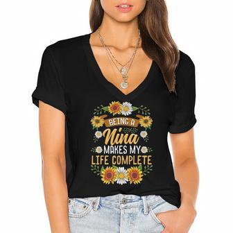 Being A Nina Makes My Life Complete Sunflower Gift Women's Jersey Short Sleeve Deep V-Neck Tshirt | Mazezy