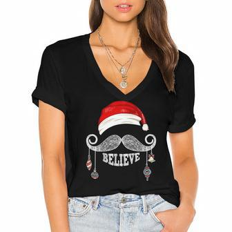 Believe Christmas Santa Mustache With Ornaments - Believe Women's Jersey Short Sleeve Deep V-Neck Tshirt
