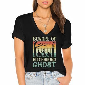 Beware Of The Hitchhiking Ghost Halloween Trick Or Treat Women's Jersey Short Sleeve Deep V-Neck Tshirt | Mazezy