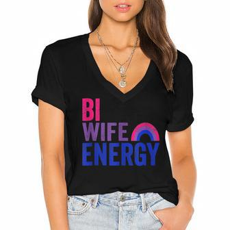 Bi Wife Energy Bisexual Pride Bisexual Rainbow Flag Bi Pride V2 Women's Jersey Short Sleeve Deep V-Neck Tshirt - Seseable