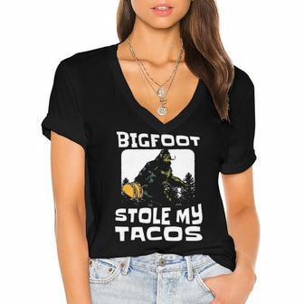 Bigfoot Stole My Tacos Funny Foodie Sci-Fi Sasquatch Women's Jersey Short Sleeve Deep V-Neck Tshirt | Mazezy
