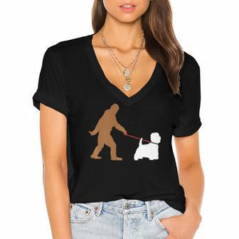 Bigfoot Walking Westie West Highland Terrier Dog Sasquatch Women's Jersey Short Sleeve Deep V-Neck Tshirt | Mazezy