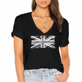Black And White Union Jack Women's Jersey Short Sleeve Deep V-Neck Tshirt | Mazezy