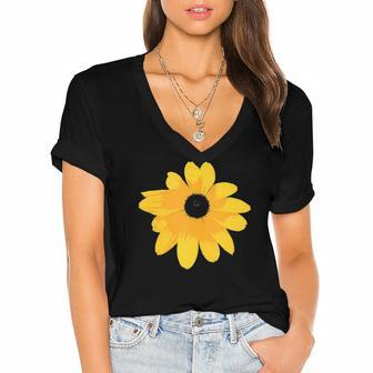 Black Eyed Susan Large Yellow Daisy Flower Print Women's Jersey Short Sleeve Deep V-Neck Tshirt | Mazezy