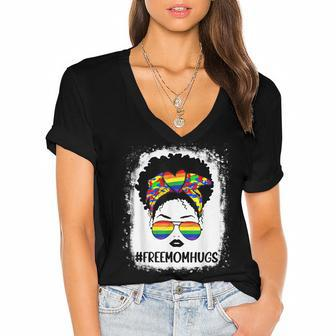 Black Womens Free Mom Hugs Messy Bun Lgbt Pride Rainbow Women's Jersey Short Sleeve Deep V-Neck Tshirt | Mazezy