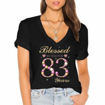 Blessed By God For 83 Years Old Birthday Party Women's Jersey Short Sleeve Deep V-Neck Tshirt | Mazezy