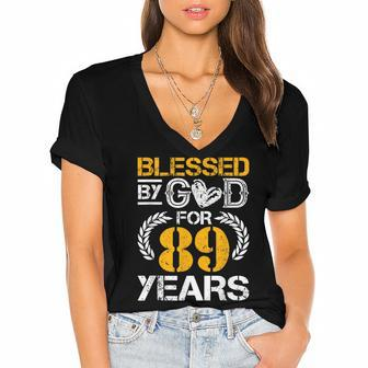 Blessed By God For 89 Years 89Th Birthday Since 1933 Vintage Women's Jersey Short Sleeve Deep V-Neck Tshirt - Seseable