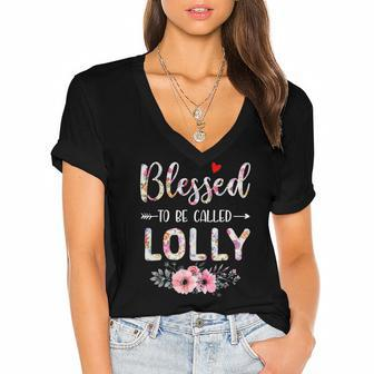 Blessed To Be Called Lolly Cute Floral Mothers Day Women's Jersey Short Sleeve Deep V-Neck Tshirt | Mazezy