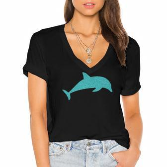 Blue Dolphin Animal Lovers Gift Women's Jersey Short Sleeve Deep V-Neck Tshirt | Mazezy