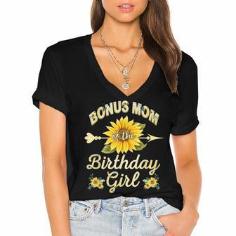Bonus Mom Of The Birthday Girl Sunflower Family Matching Women's Jersey Short Sleeve Deep V-Neck Tshirt - Seseable
