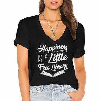 Book Reading Happiness Is A Little Free Library Women's Jersey Short Sleeve Deep V-Neck Tshirt | Mazezy
