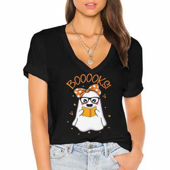 Booooks Cute Ghost Reading Library Books Halloween Teacher Women's Jersey Short Sleeve Deep V-Neck Tshirt | Mazezy