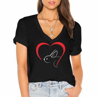 Bunny Red Heart - Rabbit Lover Women's Jersey Short Sleeve Deep V-Neck Tshirt | Mazezy