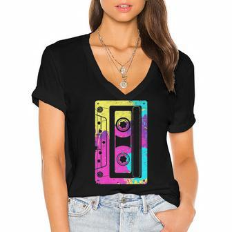 Cassette Tape Mixtape 80S And 90S Costume Women's Jersey Short Sleeve Deep V-Neck Tshirt | Mazezy